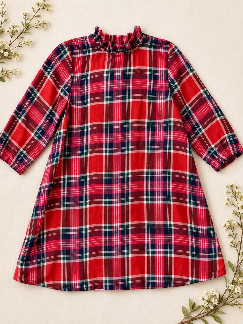 crown & ivy Super Soft Red Pink and Green Plaid Ruffle-Trim A Line Dress